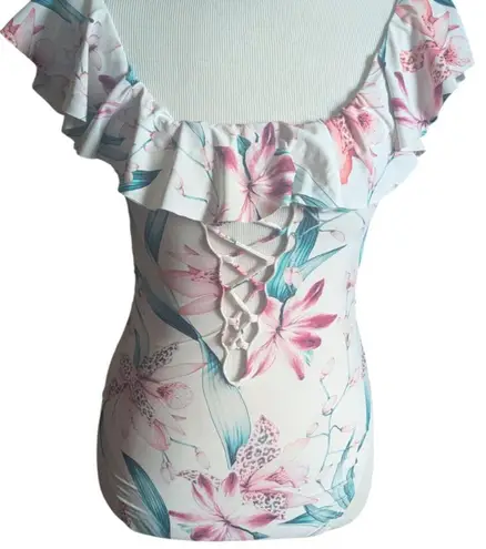 La Blanca Floral Ruffle Off-Shoulder Lace-Up One-Piece Swimsuit US 6