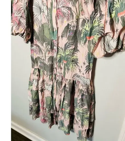 LoboRosa Pink Floral Puff Sleeve Palms Button Front Up Dress Size Large