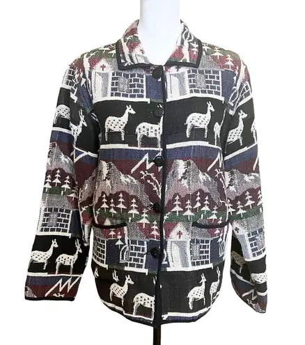 Jane Ashley Woven Tapestry Winter Deer Print Button Front Jacket Blue Multi Sz L