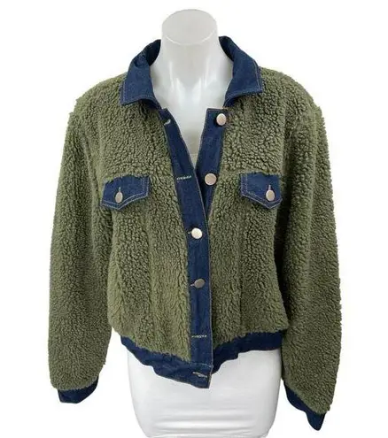 Brooklyn Karma Green Blue Denim Sherpa Fleece Collar Button Down Coat Jacket M