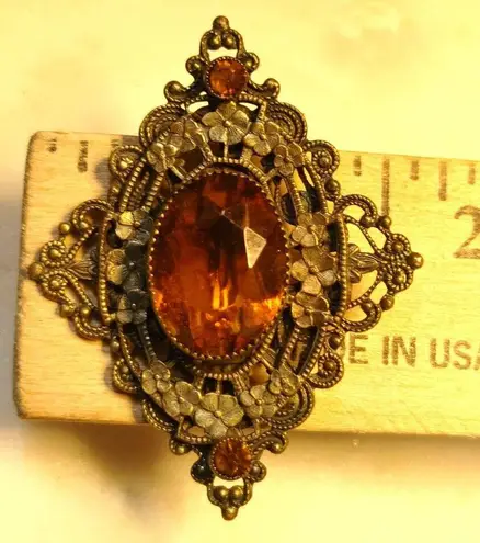 Antique Victorian Brass Filigree Brooch Yellow Orange Amber Colored Glass