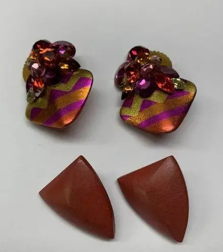 Lot Of 2 Vintage Statement Clipon Clip On Costume Earrings Mix Red / Pink