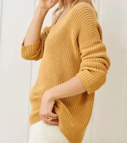Jenni Kayne Fisherman Organic Cotton V Neck Knit Sweater in Mustard Size Medium