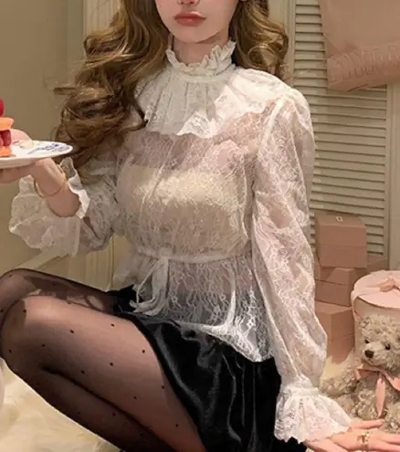 Japanese Kawaii Victorian Style Cream Lace Ruffle Ribbon Shirt Blouse Top