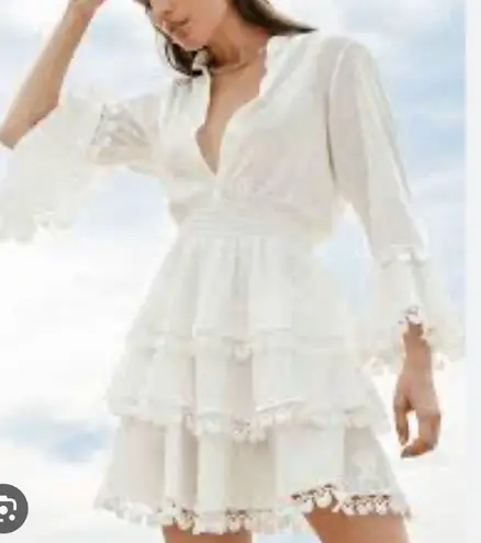 Waimari Calamaro Tiered Ruffle Smocked Beach Coastal Bridal Mini Dress: White