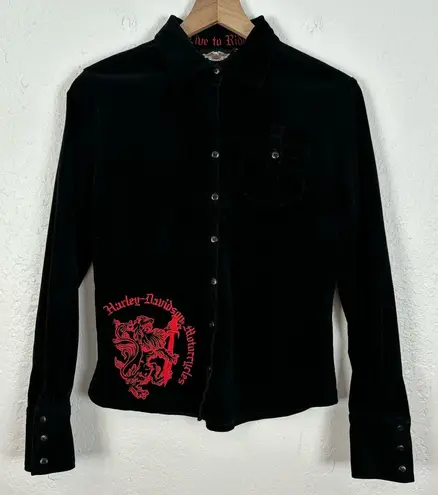 Harley Davidson Women's Dragon Embroidered Corduroy Button Down Shirt M Black Size M