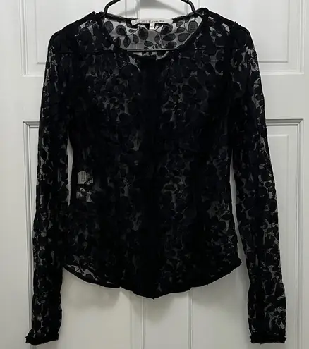 Rachel Rachel Roy Black Leaf Printed Sheer Mesh Lace Long Sleeve Blouse