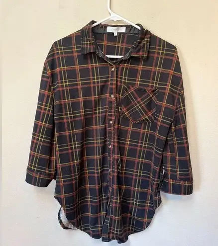 Eden & Olivia Women’s Black Brown Yellow Plaid Button Down 3/4 Sleeve Flannel M