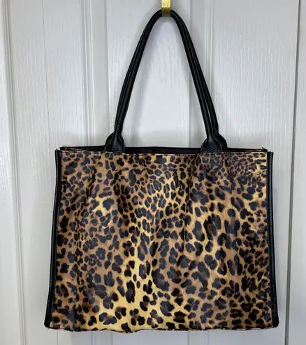 Neiman Marcus Leopard Print Tote Bag Black Tan Brown