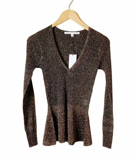 Veronica Beard Esmeralda Ribbed Sweater Black Metallic Peplum V-Neck Pullover XS
