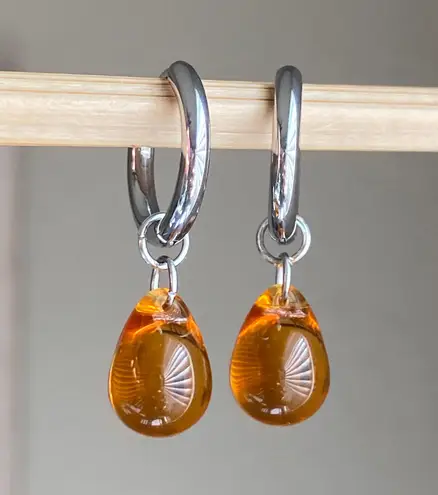 Handmade amber teardrop Czech glass simple minimalist hoop earrings🧡