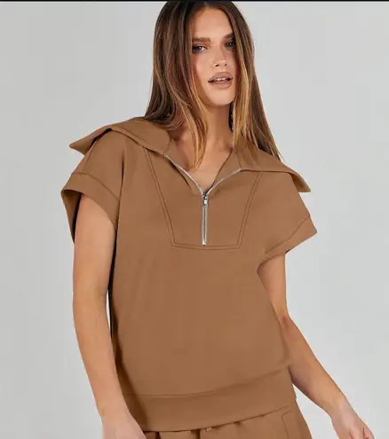 Anrabess Short Sleevr Quarter Zip Sweatshirt Top Brown Size XL