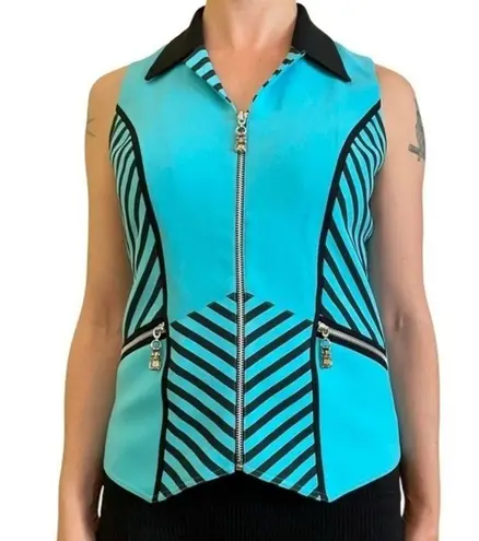 Alberto Makali Vintage New York Turquoise Striped Zipper Sleeveless Blouse Vest