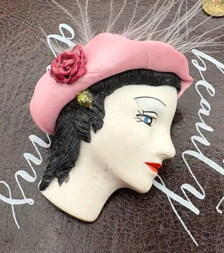 Vintage Lady Face Brooch – Pink Beret Parisian Pin