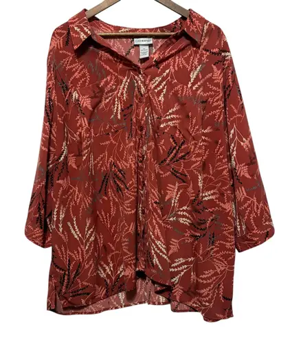 Catherines Women Boho Button Tunic Top 2X Rust Abstract Leaf Print Whimsy Earthy Orange