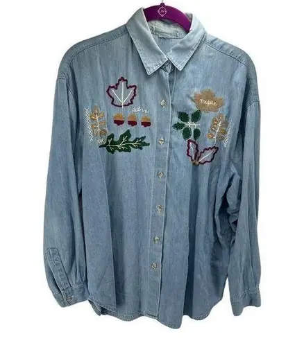 Vintage Blue Women's Button Up Shirt Embroidered Maple Acorn Oak Oversized  XL