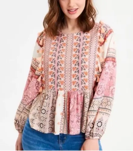 American Eagle Embroidered Balloon Sleeve Tassel Peasant Patchwork Peplum Top XS Pink