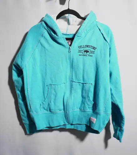 VTG 90s Y2K Blue Full Zip Hooded Jacket Yellowstone Park Souvenir Womens Large