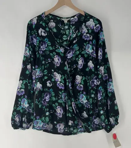 Belle Sky Belle Sky Chiffon Floral Print Strappy V-Neck Long Sleeve Faux Wrap Blouse L
