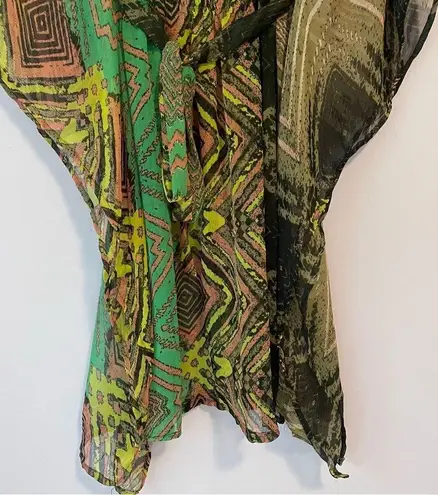 ACE Fashion Kaftan Beaded Green Geometric Print Boho Chiffon Size Medium
