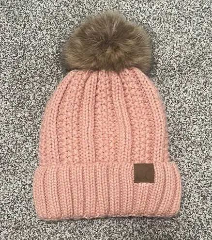 CC Boutique Pink and Brown Knit Beanie with Pom