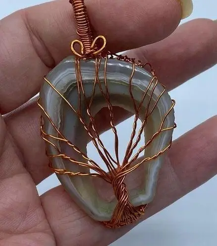 White Agate Druzy Tree Of Life Copper Wired Pendant