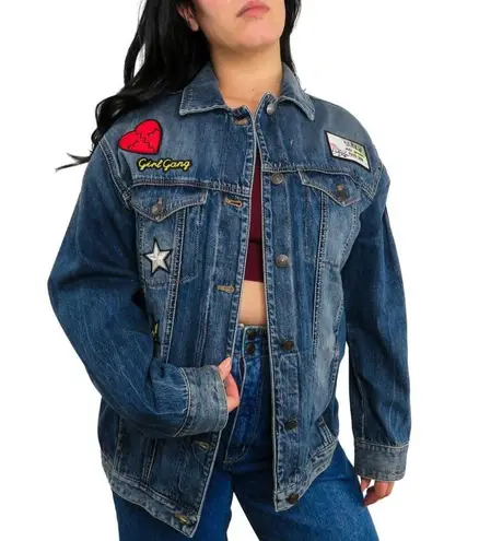 EXPRESS Y2k Vintage  Jean Jacket with Patches Medium Heart Kidcore Retro Denim