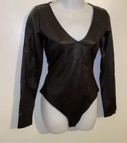 Naked Wardrobe Faux Leather Black Thong Bodysuit NEW size Small
