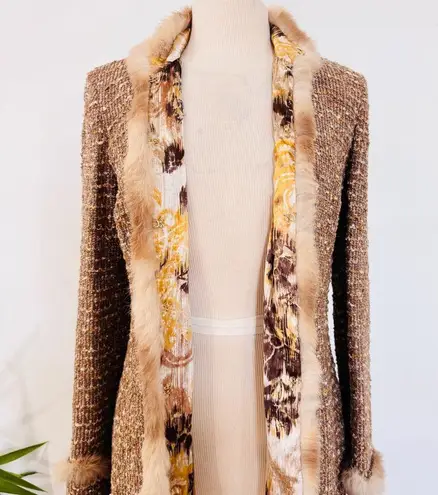 St. John couture genuine fur trim gold knit cardigan/ jacket EUC