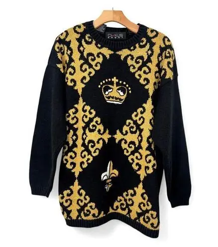 Chaus VINTAGE 90's Black & Metallic Gold New Orleans Saints Flur De Lis Sweater Size M