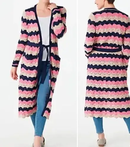 Laurie Felt Pointelle Knit Maxi Cardigan Duster Sweater Navy Pink Tan Size XXS