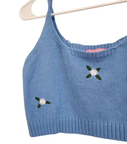 Sugar Thrillz Embroidered Cropped Knit Top Sleeveless Scoop Neck Blue Size Large
