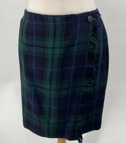 Vintage 90s Worsted Wool Skirt Tartan Plaid Wrap Navy Green Petite Womens M P Size undefined
