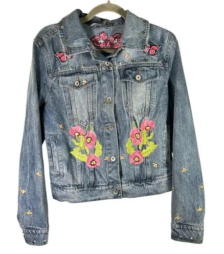Bagatelle Collection Denim Jacket Studded Embroidered Floral Butterfly Size M Blue Size M