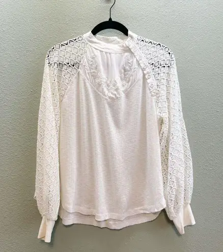 Free People White Emroidered Waffle Knit Crochet Mixed Media Sweetest Thing Top