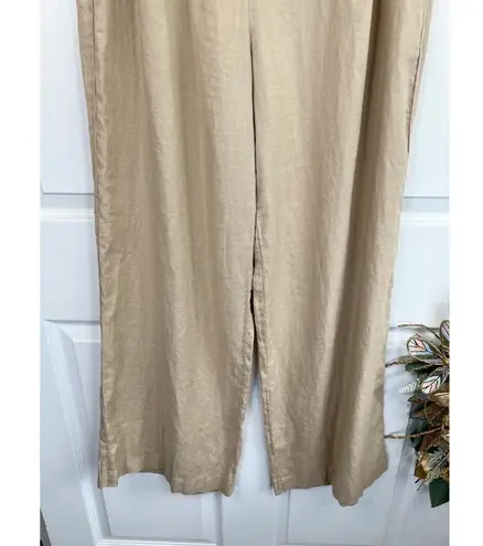Magaschoni Linen Pants Size L Tan Wide Leg Pleated Elastic Waist Relaxed Fit