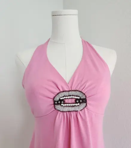 Y2K No Boundaries Pink Halter Top Beaded Rhinestone Front Detail Tank S