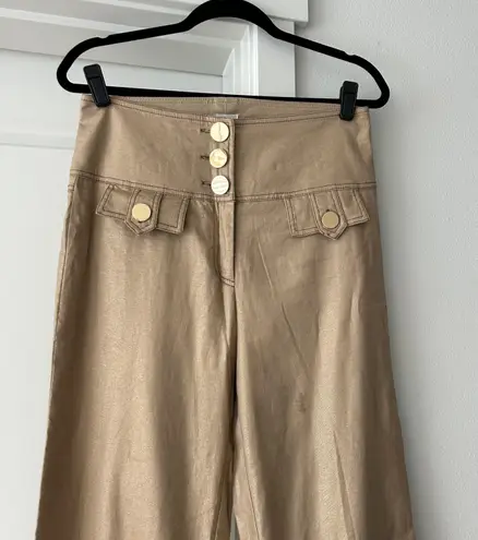 Cache beige gold metallic wide leg high rise vintage linen cotton blend pants