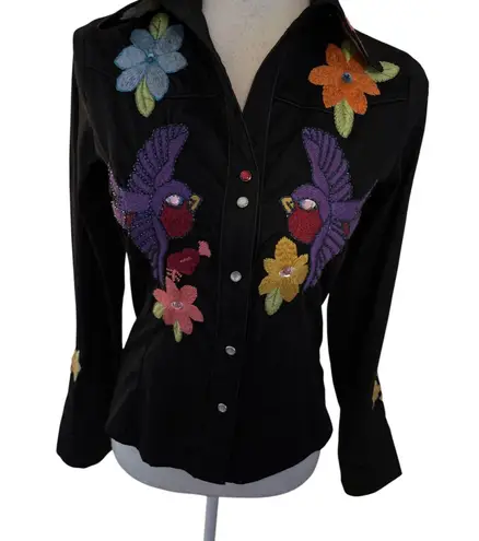 Zoompy Paris Size S Embroidered Jeweled Pearl Snap Shirt Top Western Festival Black