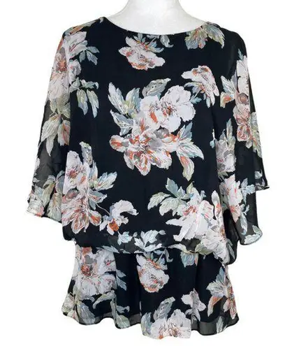 Dress Barn  Women’s Floral Print Sheer Peplum Blouse Black Modest Size 18