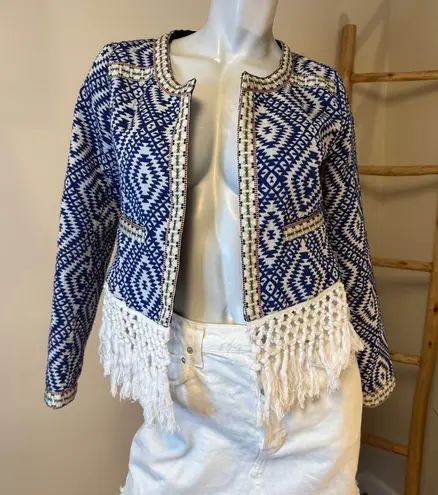 Lovemystyle Blue And White Aztec Print Jacket With Tasselled Hem UK 10 US 6 NWOT