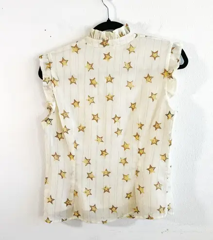 Julie Brown Blouse Ivory w/ Metallic Gold Stars Sleeveless Ruffle Top Sz 4 EUC