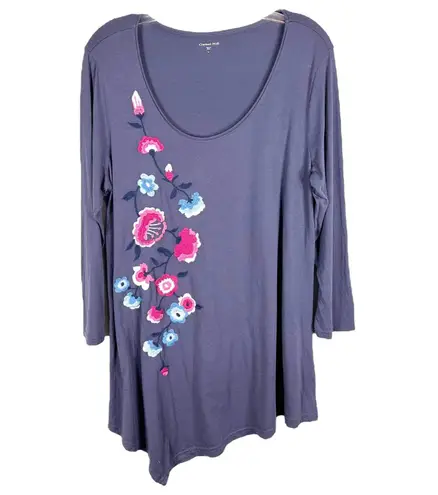 Garnet Hill Large Top Blue Embroidered Floral Pink Tunic Handkerchief Hem 1550