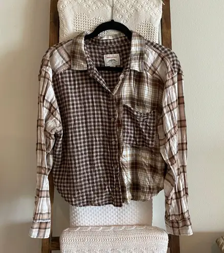 American Eagle brown & cream plaid patchwork button down shirt