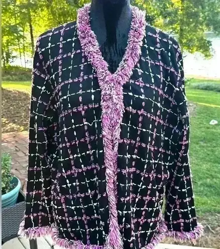 Vintage Pink Poodle Cardigan Sweater Black Pink Plaid Fringe 3x Retro Chic Fun Size XL