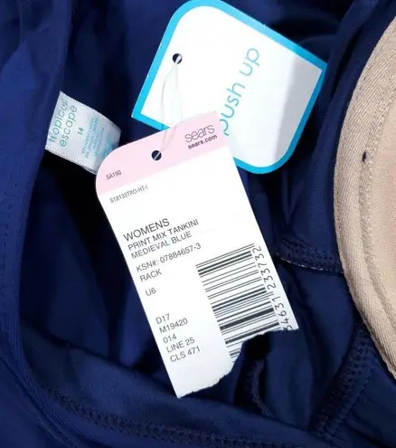 Tropical Escape Halter Tankini Swim Top Retro Push Up Bra Blue Polka Dot Size 14