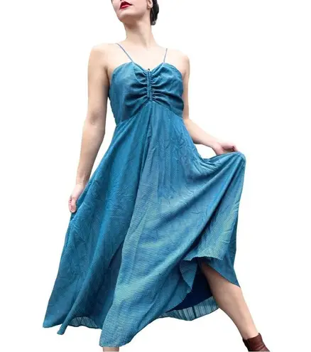 WAYF Blue Striped Asymmetric Hem Boho Chic Fairycore Babydoll Midi Dress Large