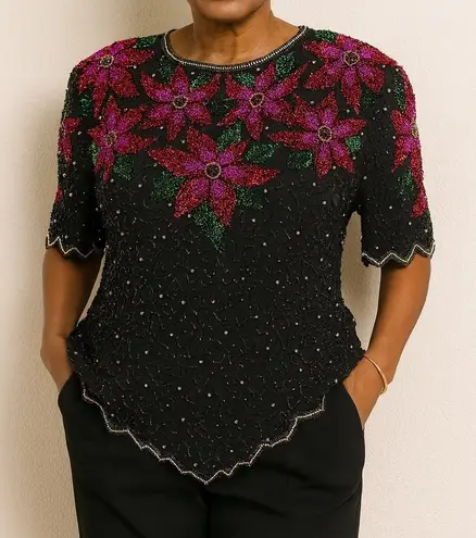 Laurence Kazar Vintage Black Beaded Sequin Holiday Top Blouse XL Poinsettia Xmas