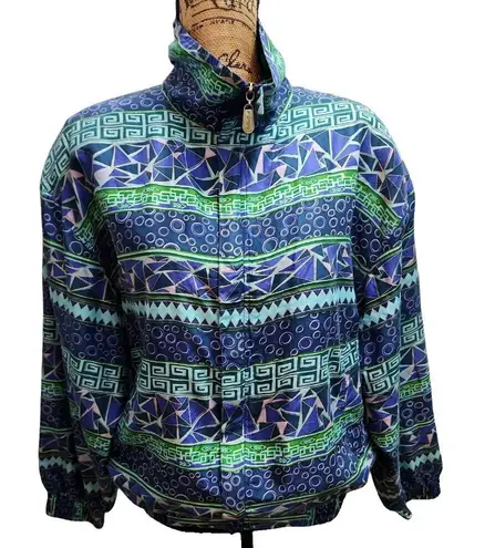 FUDA International Silk Bomber Jacket Abstract Print Full Zip L Blue Size L