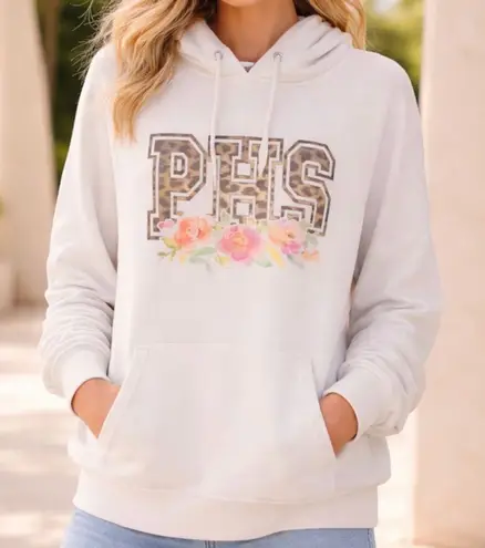 PHS Womens Size XL Cream Hoodie Sweatshirt Leopard Print Letters & Floral Detail Brown - Image 1